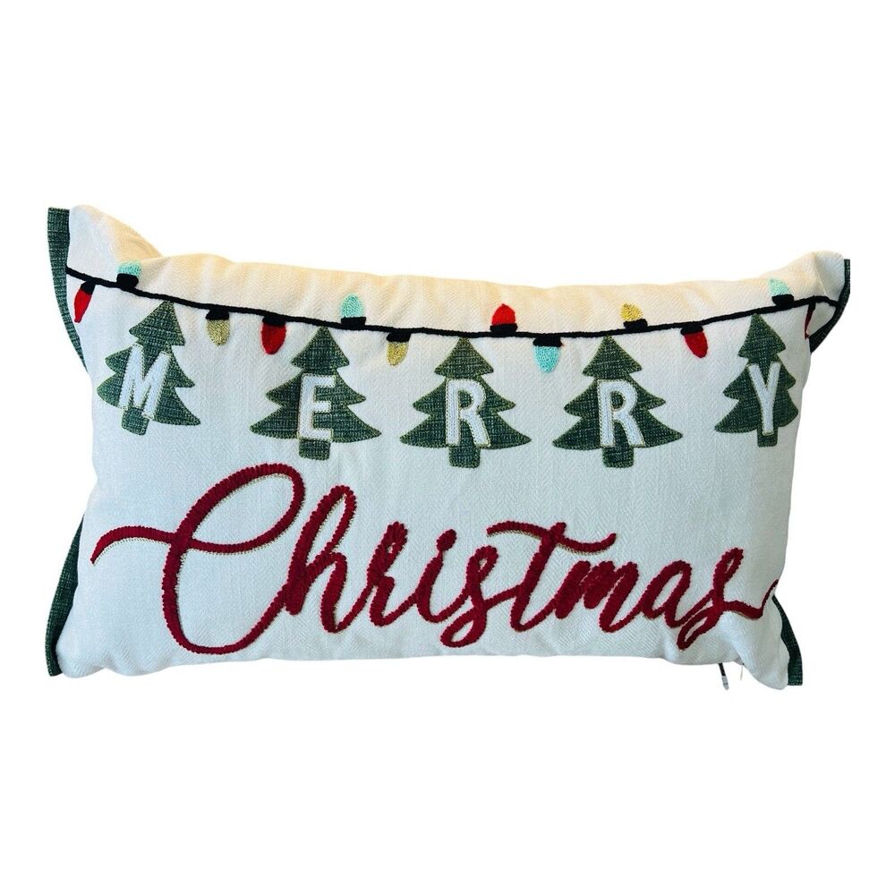 Merry Christmas Lights Embroidered Lumbar Throw Pillow 14x24 Holiday Decor